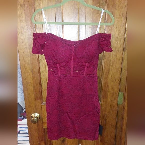 Lulu's Flirty Thoughts Lace Off the Shoulder Bodycon Dress in Wine Red - Picture 5 of 9